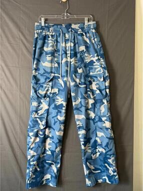 Blue Digital Camo Cargo Pants Men Adult L Elastic Waist Drawstring Tactical